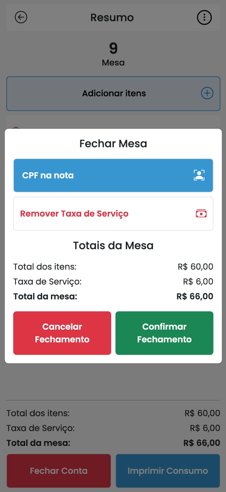 Fechar Conta — Maquininha