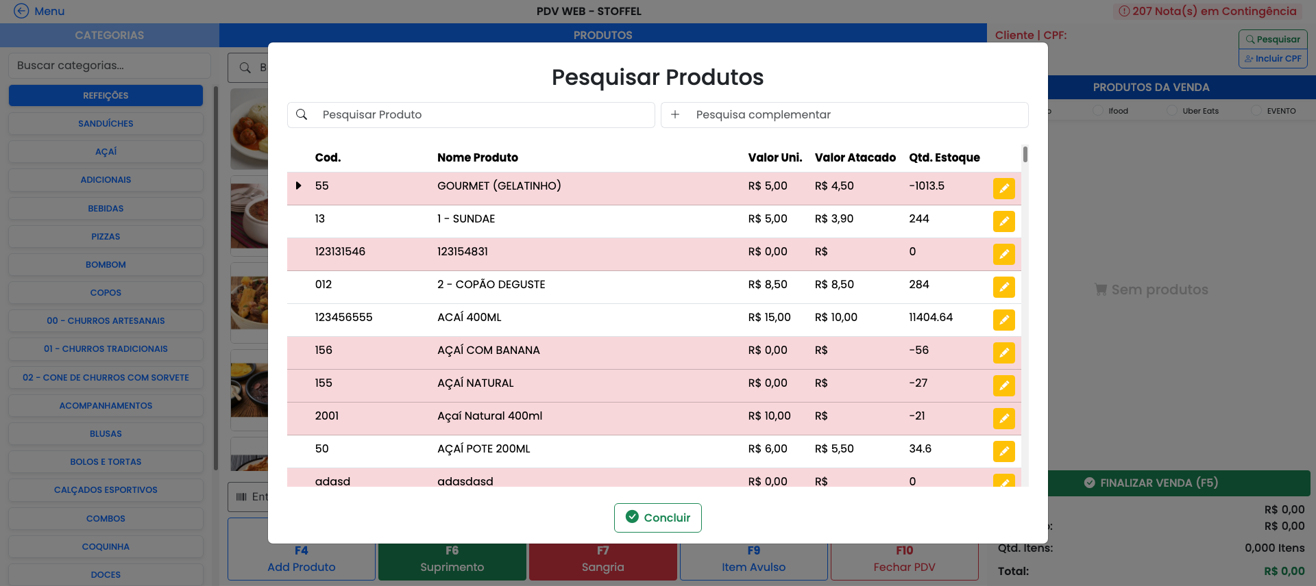 Pesquisa de Produtos com Indicador de Estoque Negativo